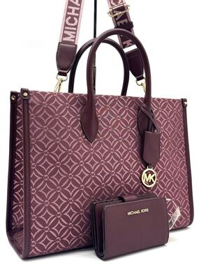 Michael Kors Medium Mirella Tote Bag & Matching Bifold Zip Chain Wallet Ox Blood